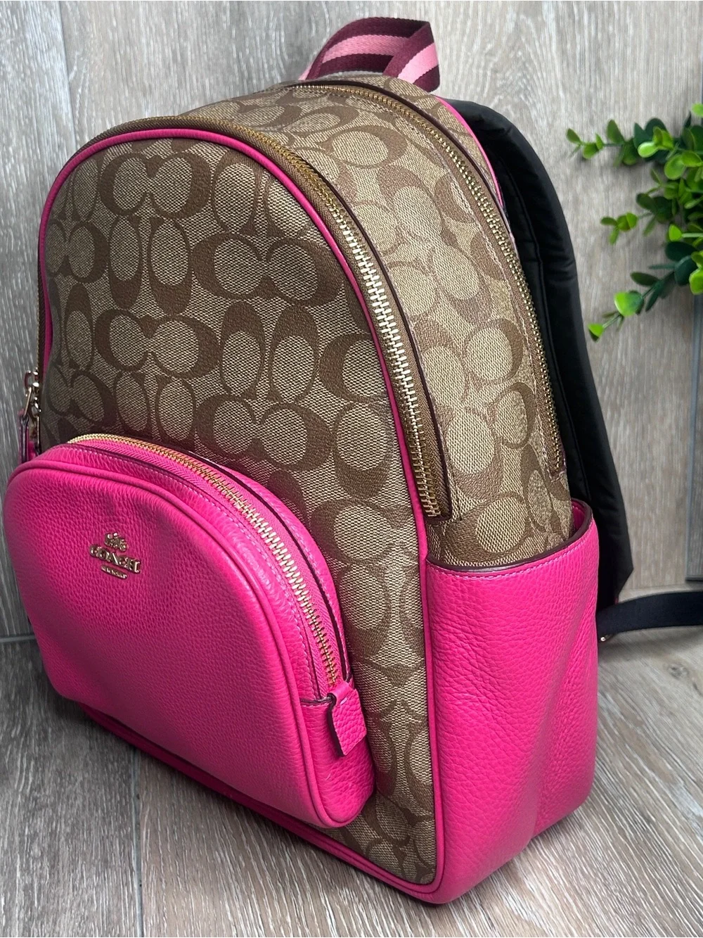 Coach Signature Monogram Pink Leather Trim Backpack – Gold Hardware – Medium